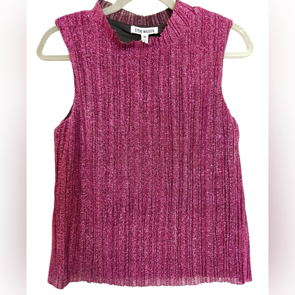 NWT Steve Madden Crinkle Metallic Knit Tank Size Medium FUCHSIA Pink